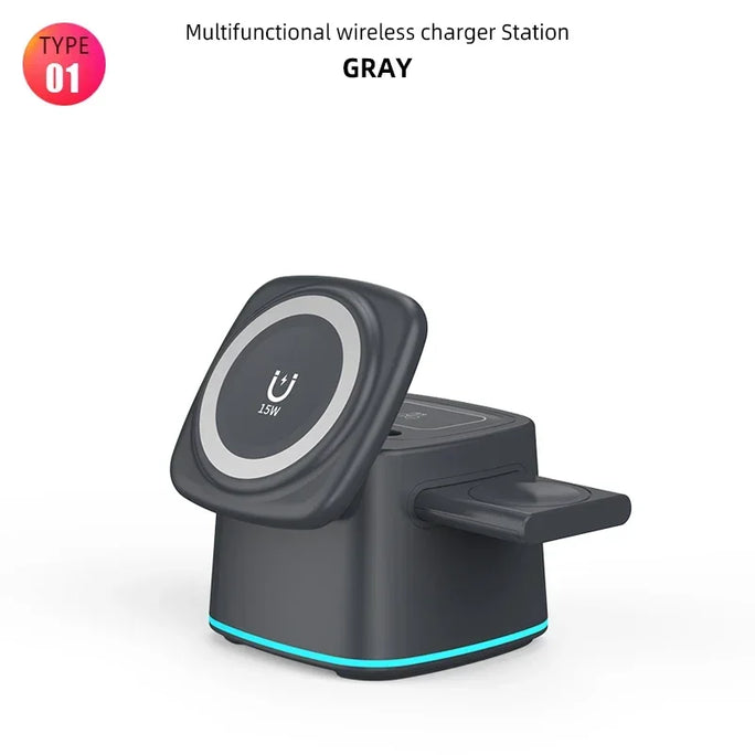 Magnetic Wireless Charger 3 in 1 for Apple Device Portable 15W Fast Charging Station for iPhone 14 13 12 Pro iWatch 8 7 Airpods