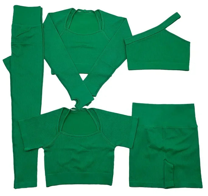 2\5PCS Seamless Yoga Sets Sports Fitness High Waist Hip Raise Pants Shorts Long-sleeved Suits Workout Gym Leggings Set for Women