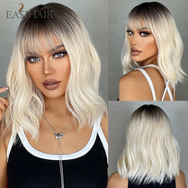 EASIHAIR Short Ombre Blonde Synthetic Wavy Wigs with Bangs Light Platinum Shoulder Length Bob Hair Wigs for Women Heat Resistant.