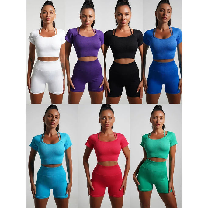 2\5PCS Seamless Yoga Sets Sports Fitness High Waist Hip Raise Pants Shorts Long-sleeved Suits Workout Gym Leggings Set for Women