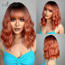 EASIHAIR Short Ombre Blonde Synthetic Wavy Wigs with Bangs Light Platinum Shoulder Length Bob Hair Wigs for Women Heat Resistant.