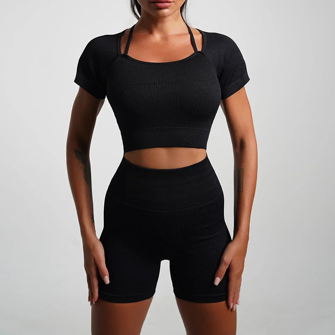 2\5PCS Seamless Yoga Sets Sports Fitness High Waist Hip Raise Pants Shorts Long-sleeved Suits Workout Gym Leggings Set for Women